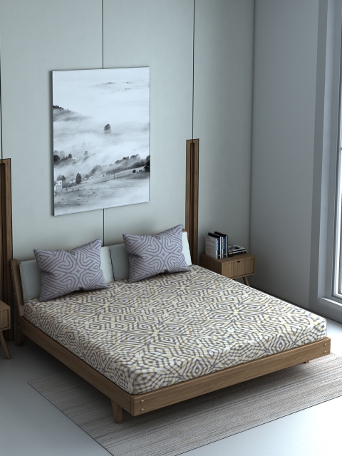 

SPACES Grey Abstract 144 TC Cotton 1 Queen Bedsheet with 2 Pillow Covers