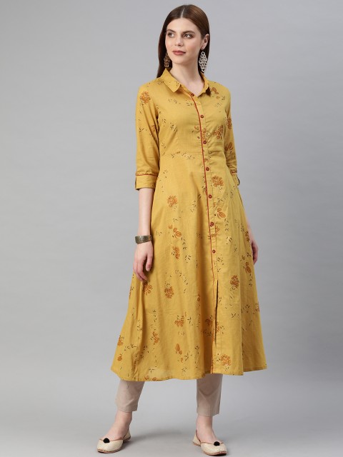 

Alena Women Mustard Yellow Floral Print A-Line Kurta