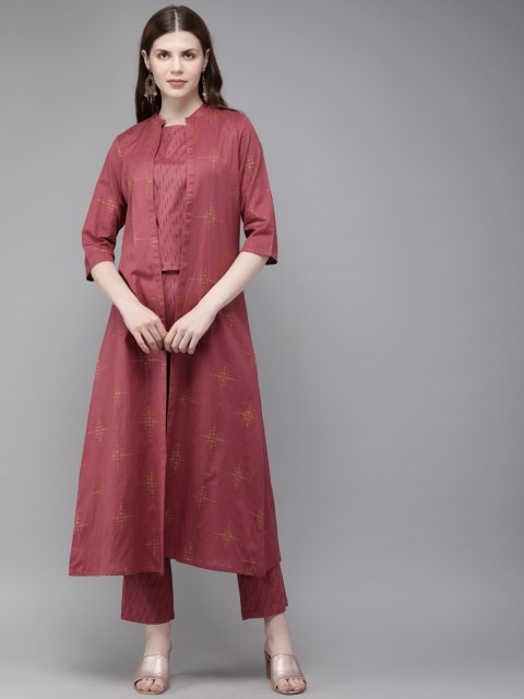 

Alena Women Pink & Red Printed Layered Fusion Kurta with Trousers and Ethnic Jacket