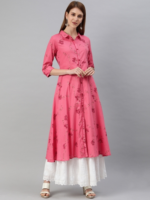 

Alena Women Coral Pink Floral Print A-Line Kurta