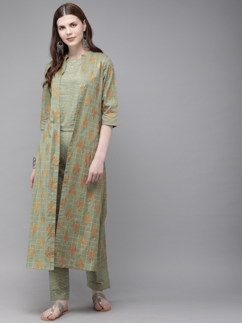 

Alena Women Olive Green Printed Layered Fusion Kurta with Trousers and Ethnic Jacket