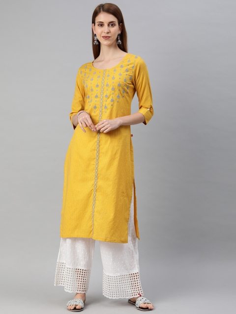 

Alena Women Mustard Yellow Embroidered Straight Kurta