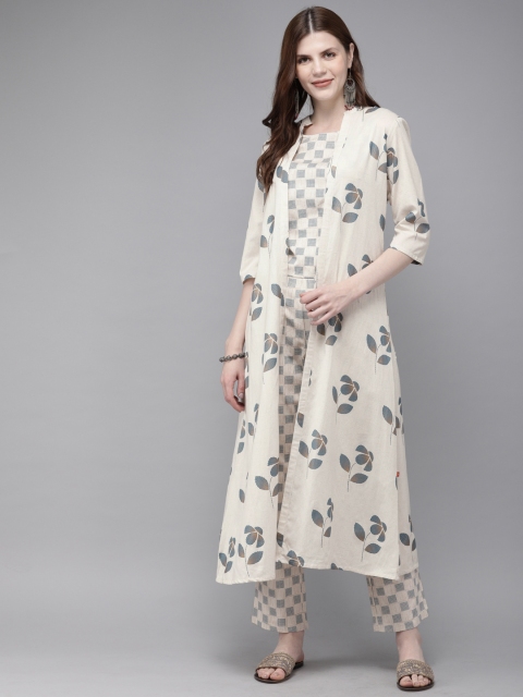 

Alena Women Off-White & Blue Printed Layered Fusion Kurta with Trousers and Ethnic Jacket