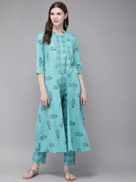 

Alena Women Blue Printed Layered Fusion Kurta with Trousers and Ethnic Jacket