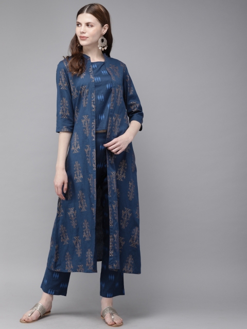 

Alena Women Navy Blue Printed Layered Fusion Kurta with Trousers and Ethnic Jacket