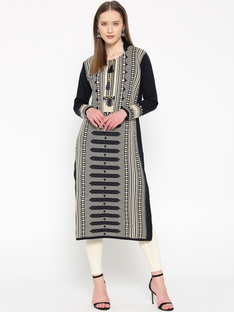 

Cayman Women Navy Blue & Beige Woven Design Straight Winter Kurta