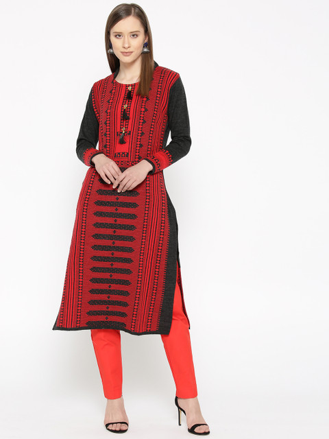 

Cayman Women Red & Black Woolen Woven Design Straight Winter Kurta