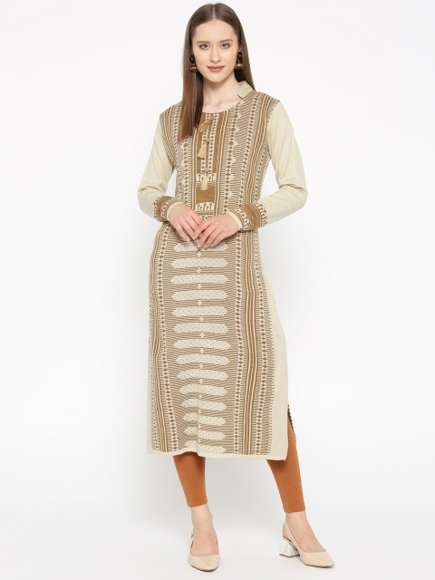 

Cayman Women Beige & Brown Woolen Woven Design Straight Winter Kurta