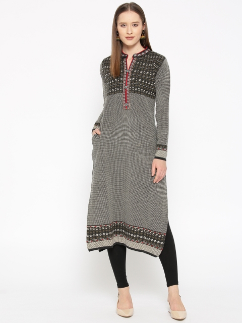 

Cayman Women Off-White & Charcoal Grey Woven Design Straight Winter Kurta