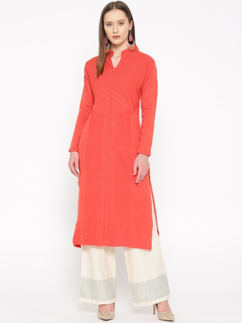 

Cayman Women Coral Pink Woven Design Straight Winter Kurta