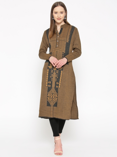 

Cayman Women Brown & Charcoal Grey Woven Design Woollen Straight Kurta