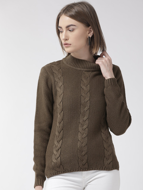 

Cayman Women Olive Brown Self Design Pullover Sweater