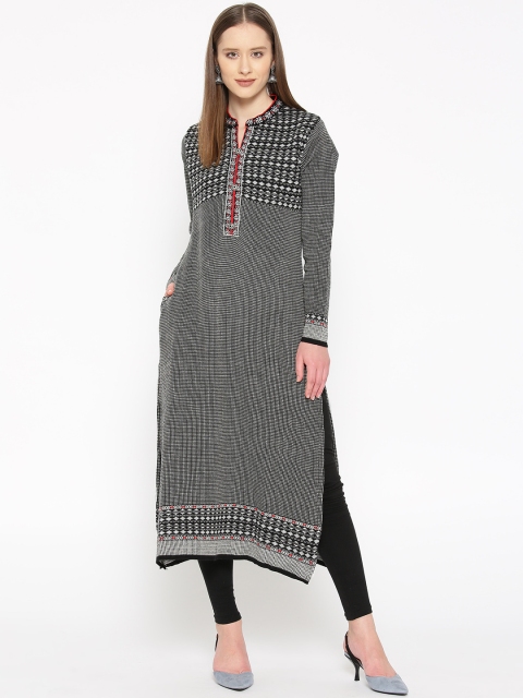 

Cayman Women Black & Off-White Woven Design Straight Winter Kurta