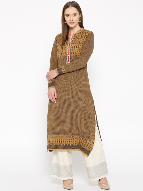 

Cayman Women Mustard Yellow & Charcoal Grey Woven Design Woollen Straight Kurta