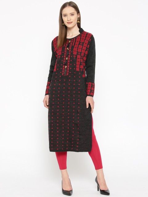

Cayman Women Charcoal Grey & Red Woven Design Straight Winter Kurta