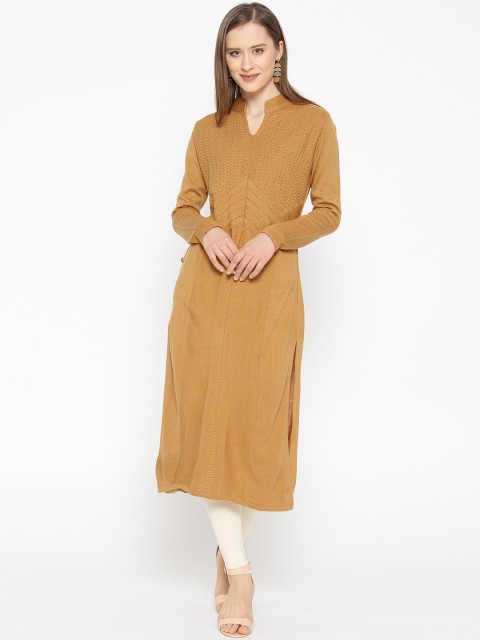 

Cayman Women Mustard Yellow Woven Design Straight Winter Kurta
