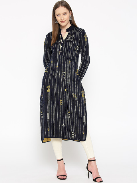 

Cayman Women Navy Blue & Off-White Striped Straight Winter Kurta