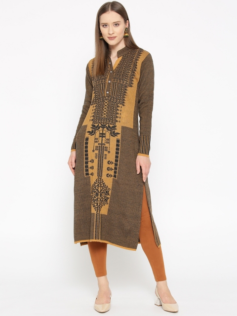 

Cayman Women Mustard Yellow & Black Woven Design Straight Winter Kurta