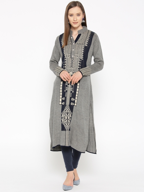 

Cayman Women Navy Blue & Beige Woven Design Straight Winter Kurta