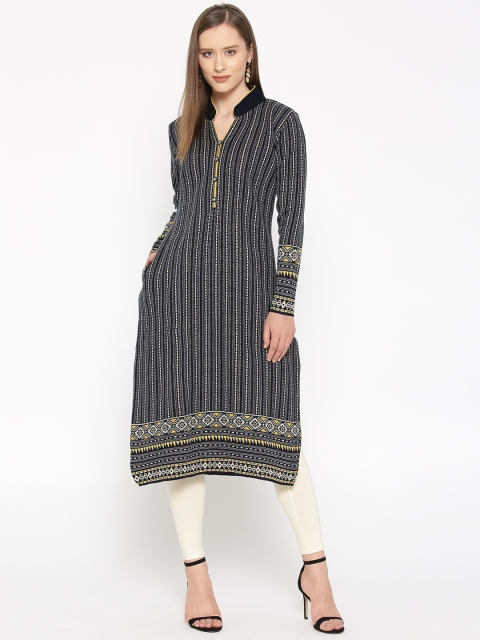 

Cayman Women Navy Blue & Off-White Self Striped Straight Winter Kurta