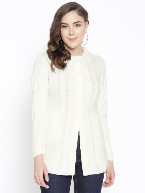 

Cayman Women Off-White Self-Design Cable Knit Woollen Cardigan