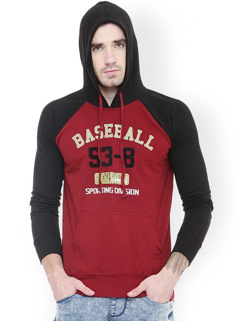 

GRITSTONES Black & Maroon Printed Hooded Sweatshirt