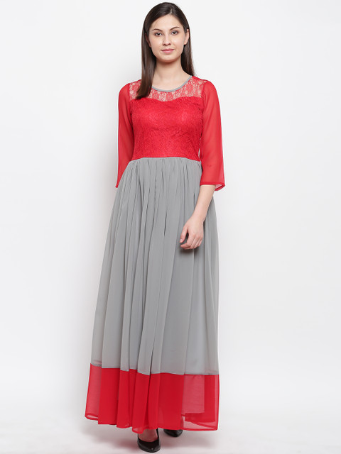 

Karmic Vision Women Red & Grey Colourblocked Maxi Fit & Flare Dress