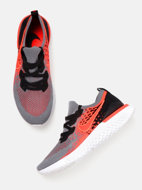

Nike Men Charcoal Grey & Coral Orange Epic React Flyknit 2 Woven Design Running Shoes