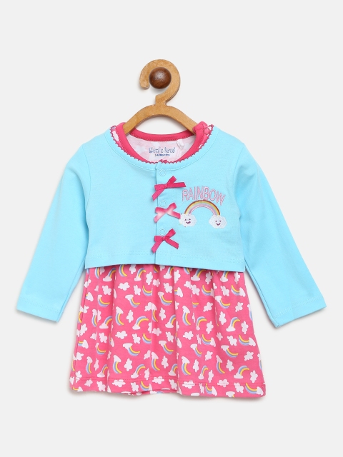 

Moms Love Girls Pink & Blue Rainbow Printed Fit & Flare Dress with Shrug