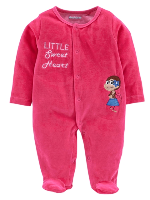 

Moms Love Infant Girls Pink Pure Cotton Velvet Finish Embroidered Sleepsuit