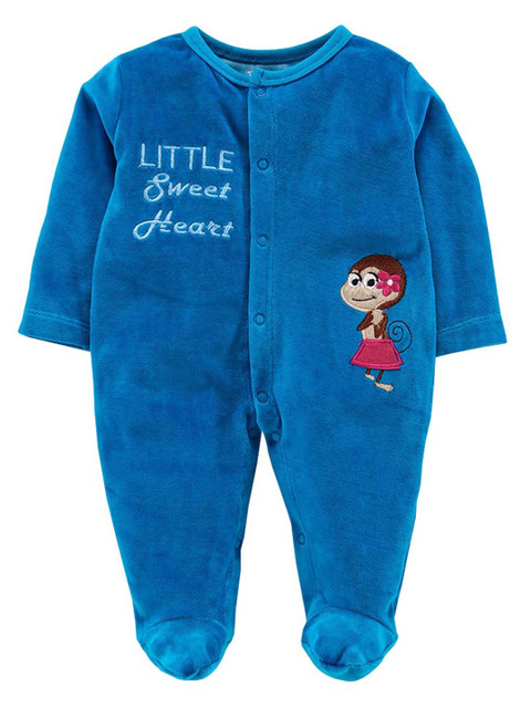 

Moms Love Infant Girls Blue Pure Cotton Velvet Finish Embroidered Sleepsuit