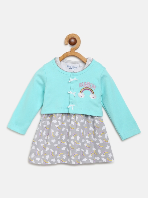 

Moms Love Girls Grey & Sea Green Printed Fit & Flare Dress with Shrug