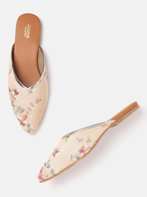 

Anouk Women Peach-Coloured Floral Embroidered Mules