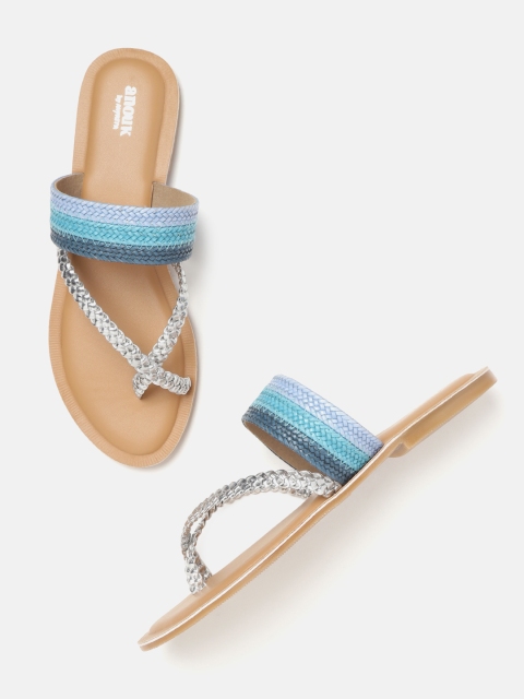 

Anouk Women Silver-Toned & Blue Braided One Toe Flats