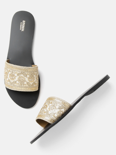 

Anouk Women Beige & Gold-Toned Embroidered Open Toe Flats with Sequinned Detail
