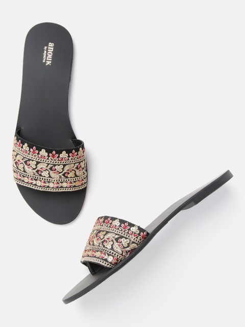 

Anouk Women Black & Gold-Toned Embroidered Open Toe Flats with Sequinned Detail