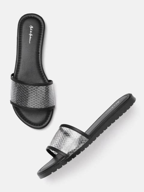Women Black Woven Design Open Toe Flats