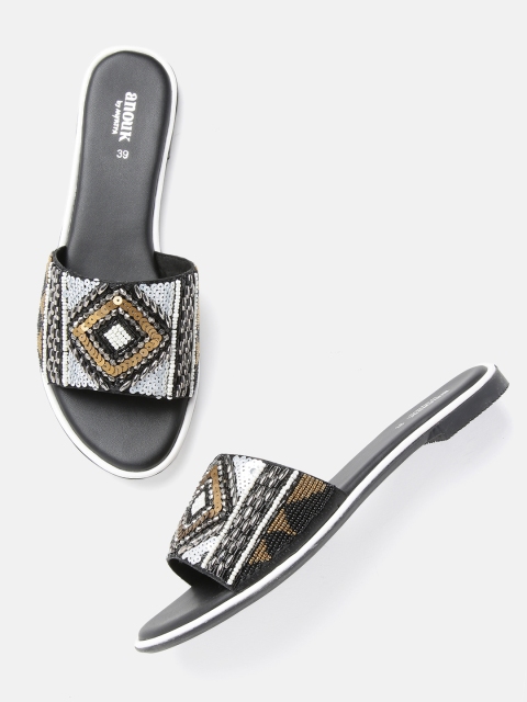 

Anouk Women Black & Silver-Toned Embellished Open Toe Flats
