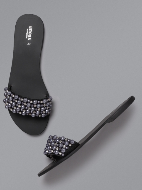 

Anouk Women Gunmetal-Toned & Black Embellished Open Toe Flats, Metallic