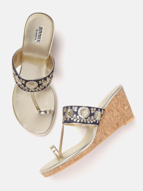 

Anouk Women Navy Blue & Gold-Toned Embellished Wedges