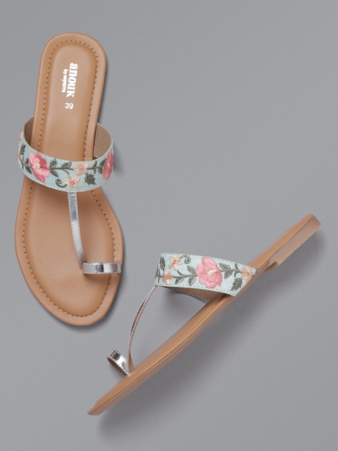 

Anouk Women Silver-Toned & Sea Green Embroidered One Toe Flats