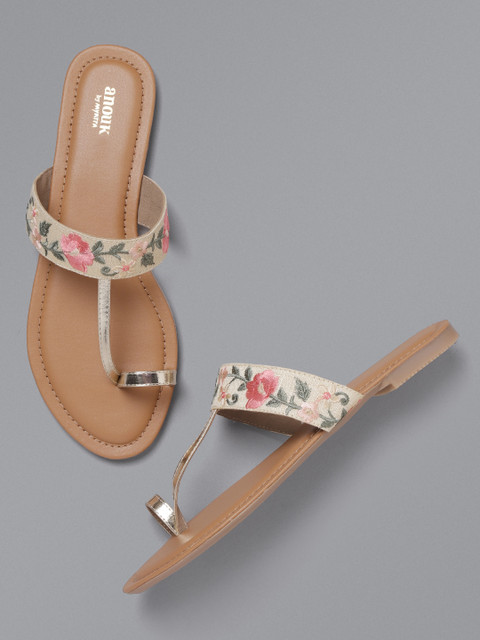 

Anouk Women Beige & Pink Floral Embroidery One Toe Flats