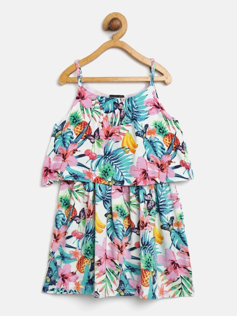 

pspeaches Girls White & Blue Tropical Printed Layered A-Line Dress