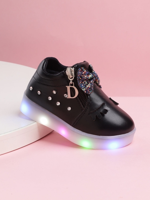 

Hoppipola Girls Black Embellished Mid-Top Slip-On Sneakers with LED Lights
