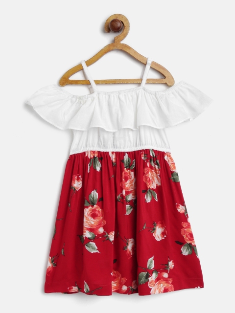 

pspeaches Girls White & Red Printed Off-Shoulder Layered Fit & Flare Dress
