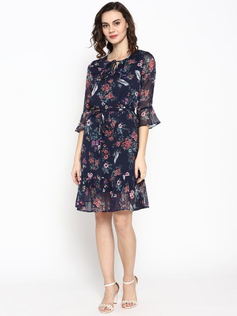 

SQew Women Navy Blue & Green Floral Print A-Line Dress With Belt
