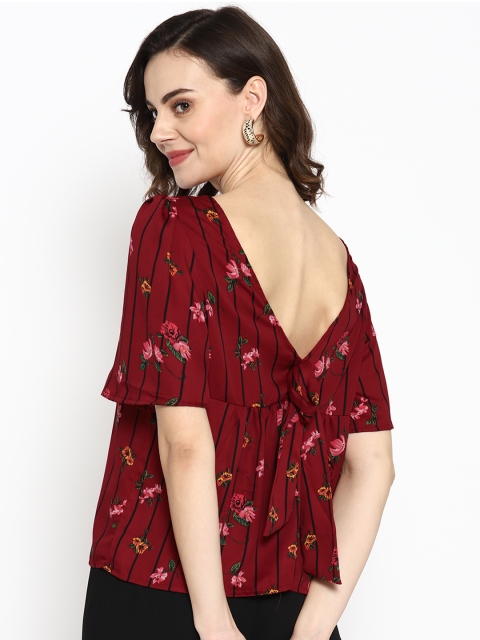 

SQew Women Rust Browm & Black Striped Styled Back Top