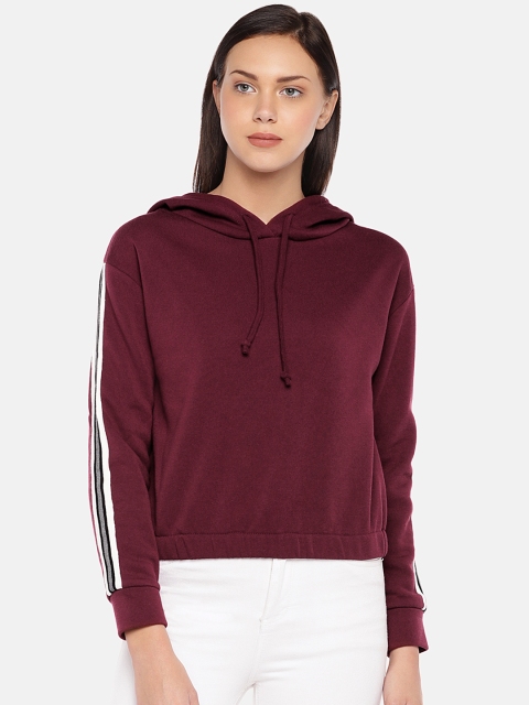 

London Rag Women Burgundy Solid Hooded Sweatshirt