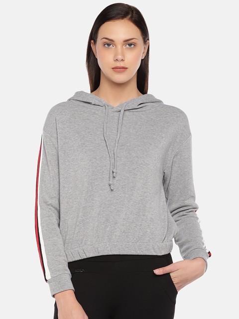 

London Rag Women Grey Solid Hooded Sweatshirt
