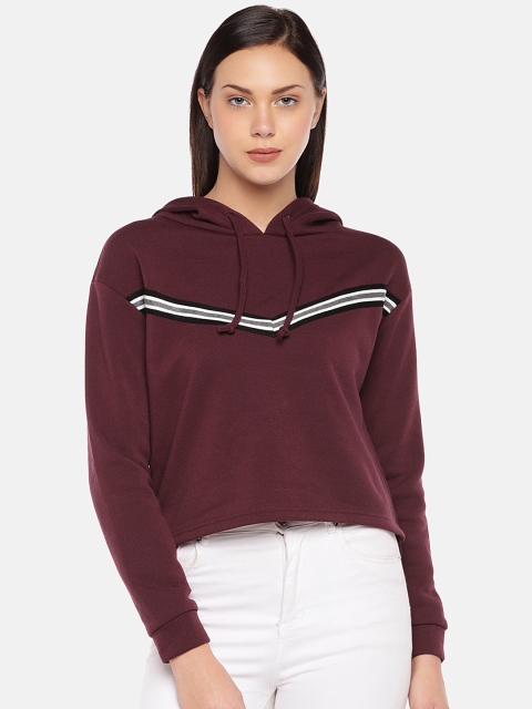 

London Rag Women Burgundy Solid Hooded Sweatshirt